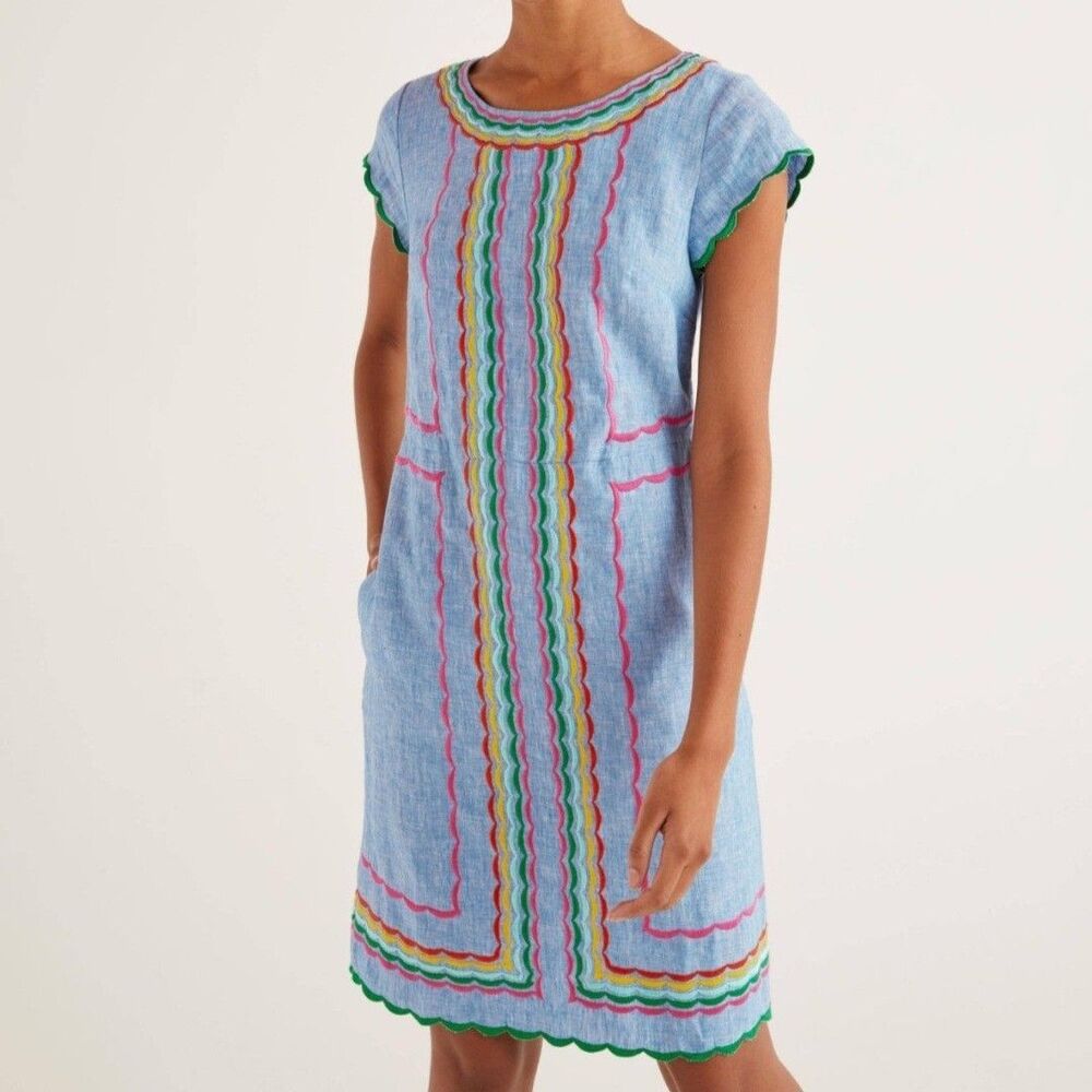 Boden 100% Linen Chambray Laura Embroidered Fiesta Folk Boho Summer Dress